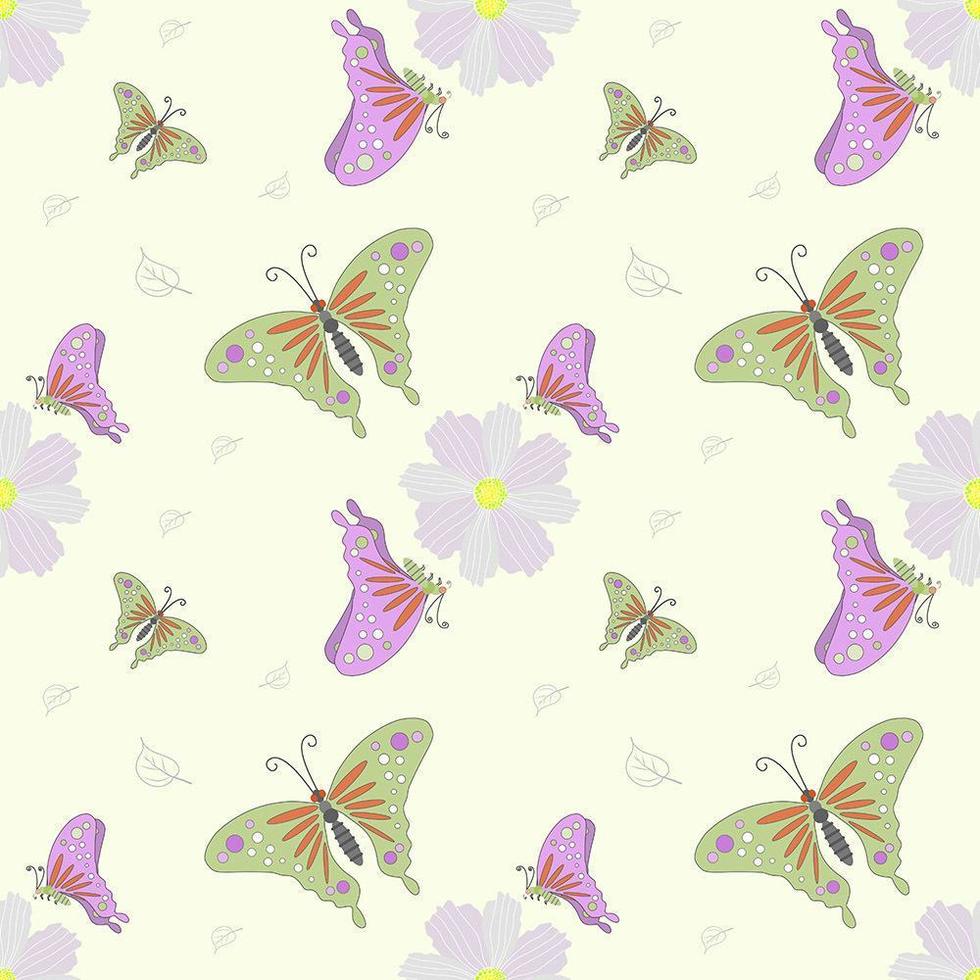 fliegender Schmetterling und Blume nahtloses Muster vektor
