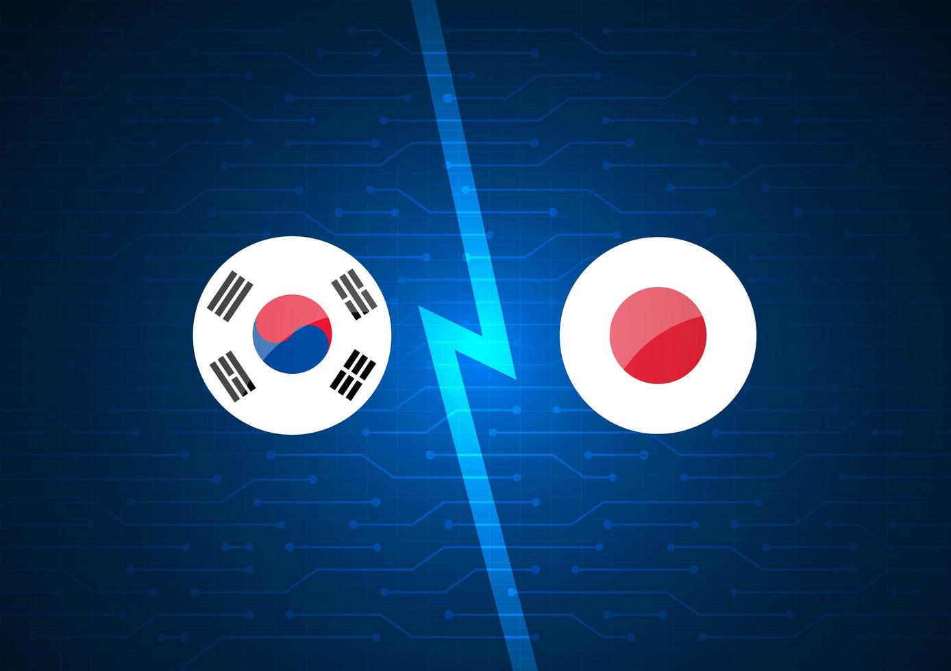 koreanische und japanische Flaggen auf leuchtendem Schaltungshintergrund vektor