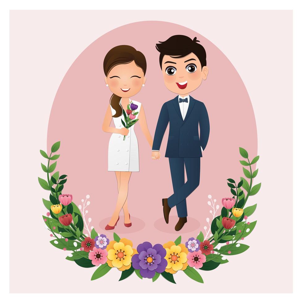 Braut und Bräutigam im Kreisrahmen mit Blumen vektor