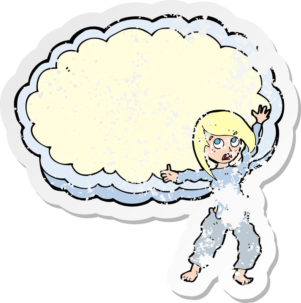 retro nödställd klistermärke av en tecknad stressad kvinna framför molnet vektor