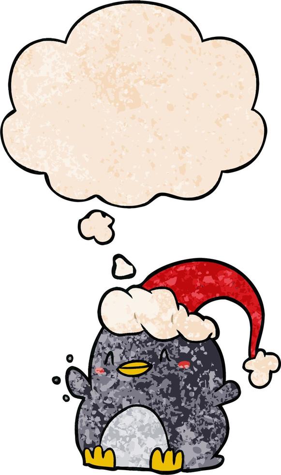 tecknad pingvin som bär julhatt och tankebubbla i grunge texturmönsterstil vektor