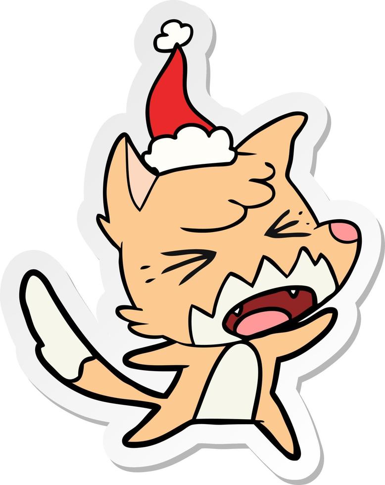 arg klistermärke tecknad av en räv som bär tomtehatt vektor