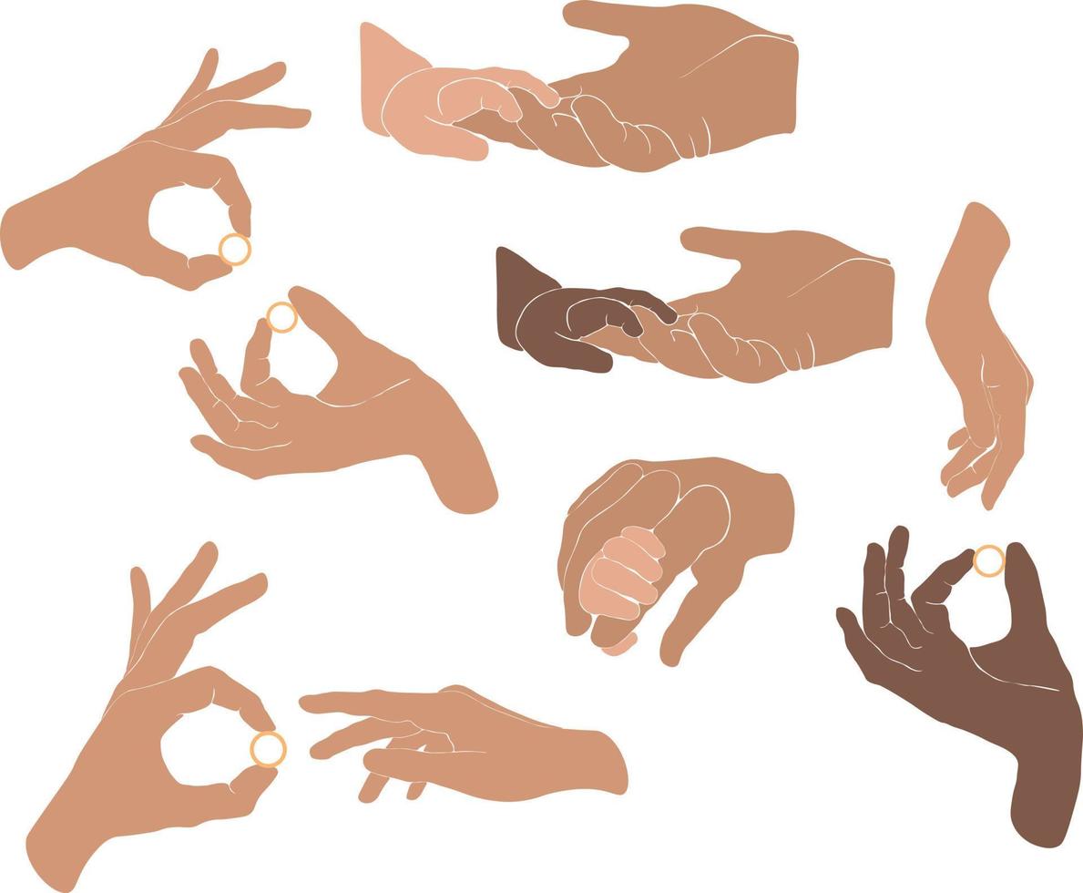 gestikulerar med händerna. hand med räknegester, pekfinger. öppen spak som visar signal och handslag, interaktiv kommunikationsvektoruppsättning vektor