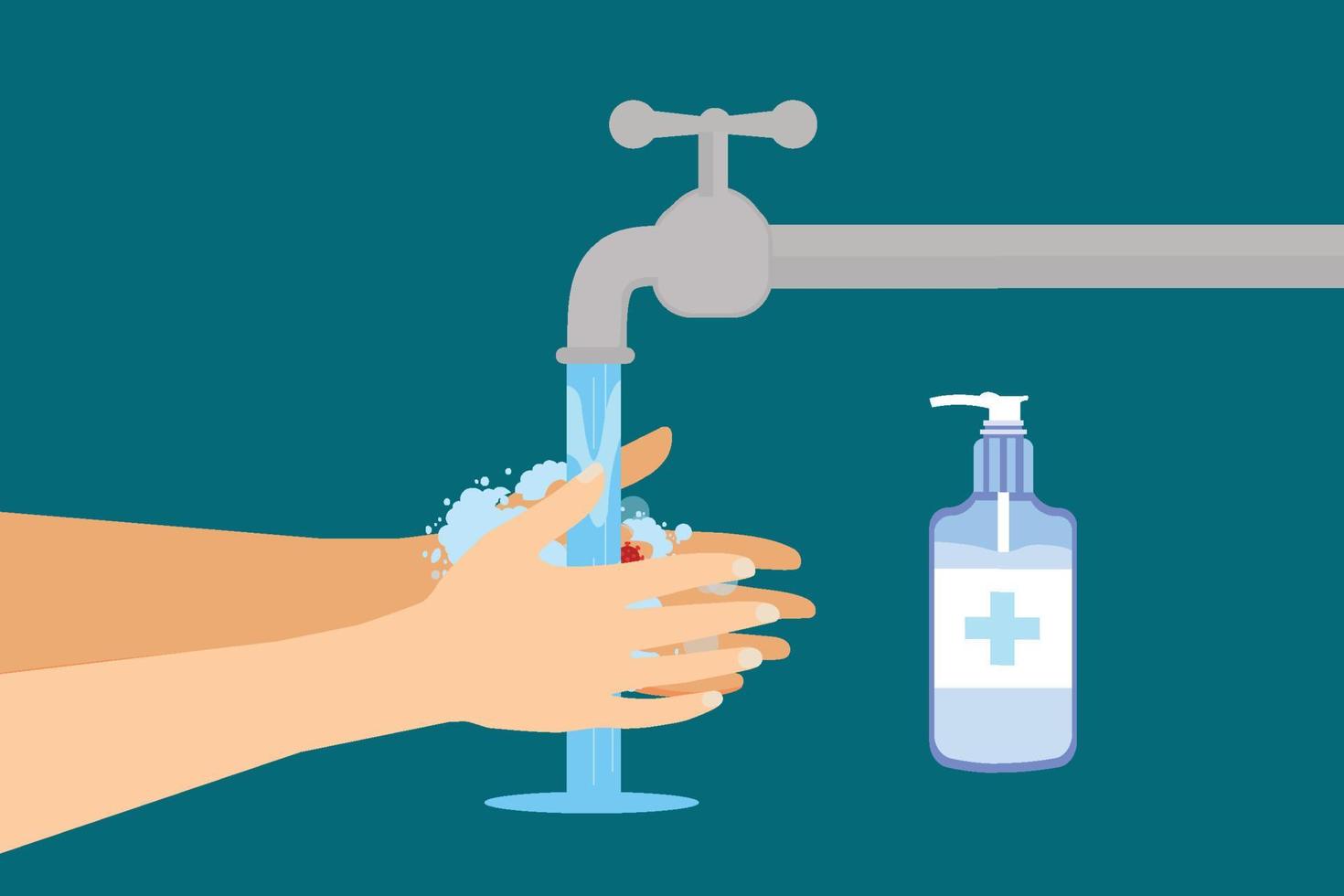 Verwenden Sie antibakterielle Flüssigseife, um die Keime und das Coronavirus in der Hand zu verhindern. Mann wäscht sich die Hände mit Leitungswasser und Seifenvektor. Verwendung von Händedesinfektionsmitteln zur Vorbeugung von Covid-19 und anderen Viren. vektor