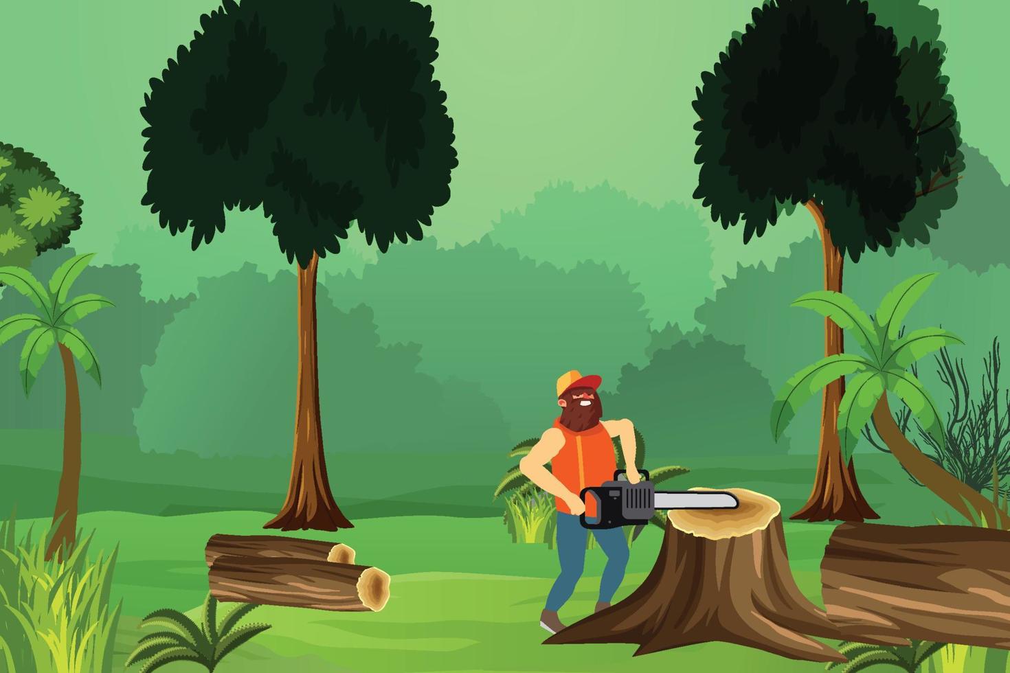 skogshuggare med en motorsåg i en djungel som skär träd. vedhuggare i en tät djungel med elektrisk motorsåg vektor. skogshuggare sågar trädstamvektor för skogsindustrins annons. vektor
