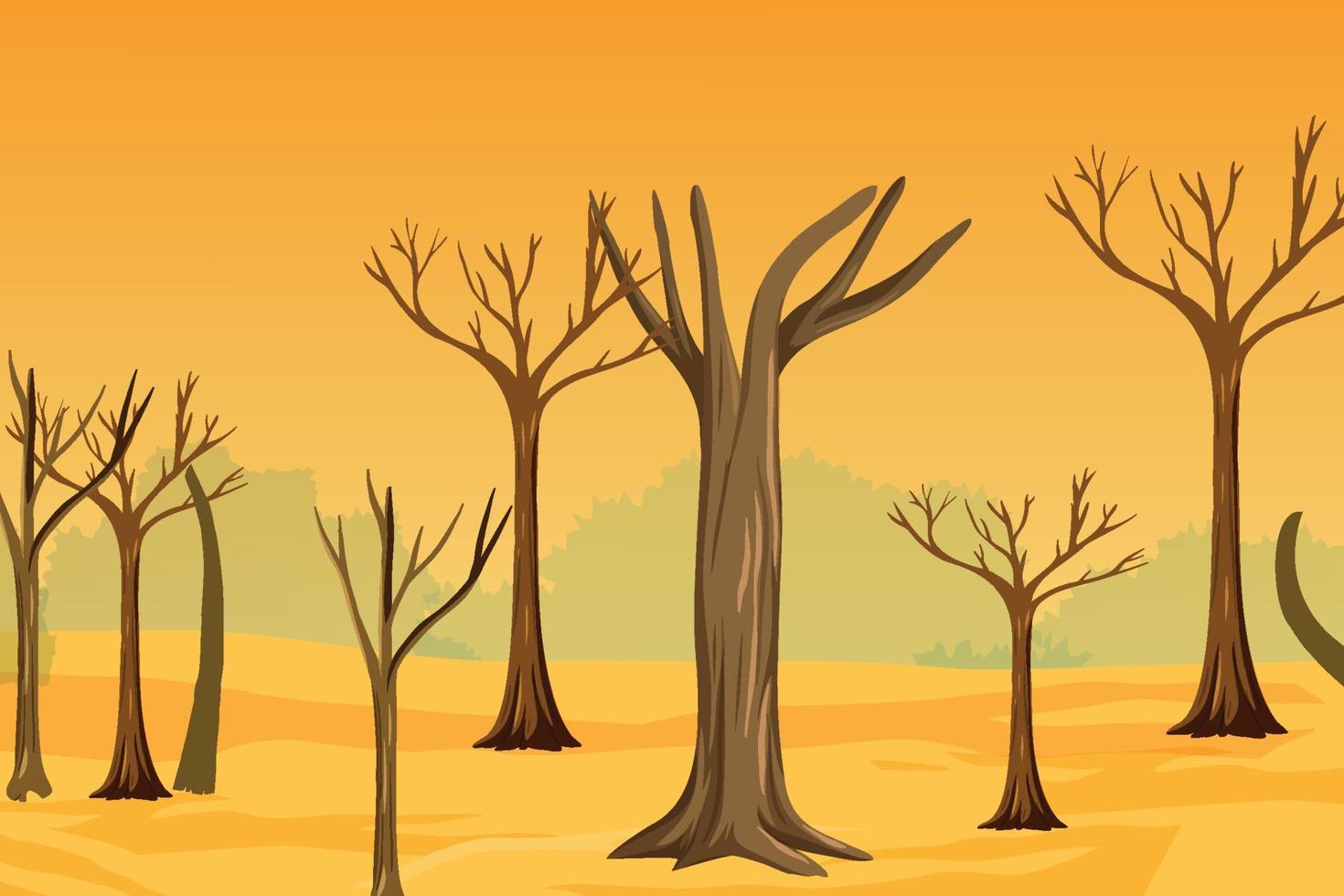 Trockenlandhintergrund mit Vektor der toten Baumstämme. schnitt von bäumen und dürreproblemkonzept mit trockenen gelben landen. Der Dschungel verwandelte sich wegen des Treibhauseffekts und der globalen Erwärmung in eine Wüste.