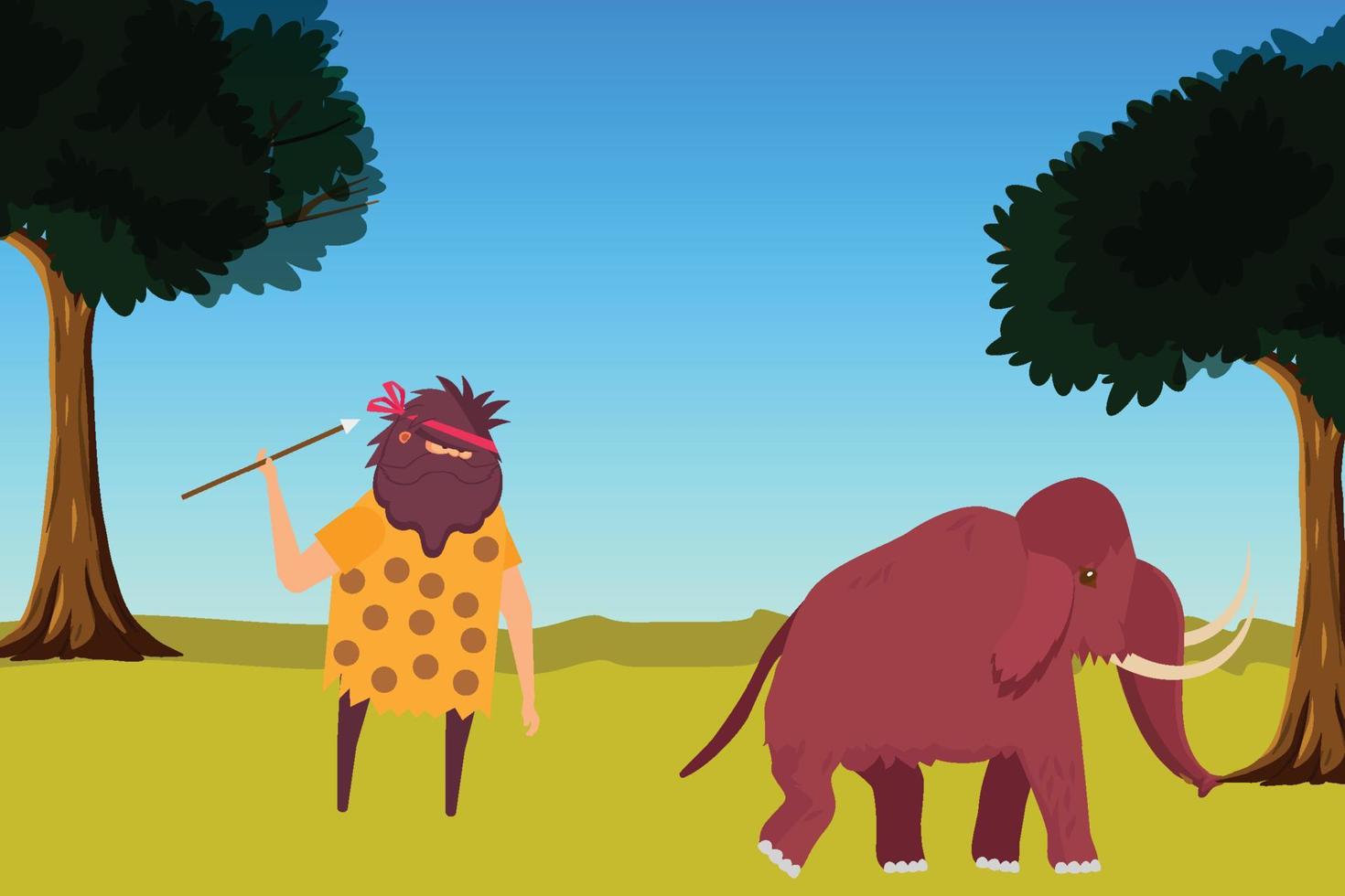 grottman som jagar en mammut med ett spjut i en djungelvektor. förhistoriska grottman jakt och matvana koncept illustration. grottbor med ett långt spjut, dödar mammut för mat. vektor
