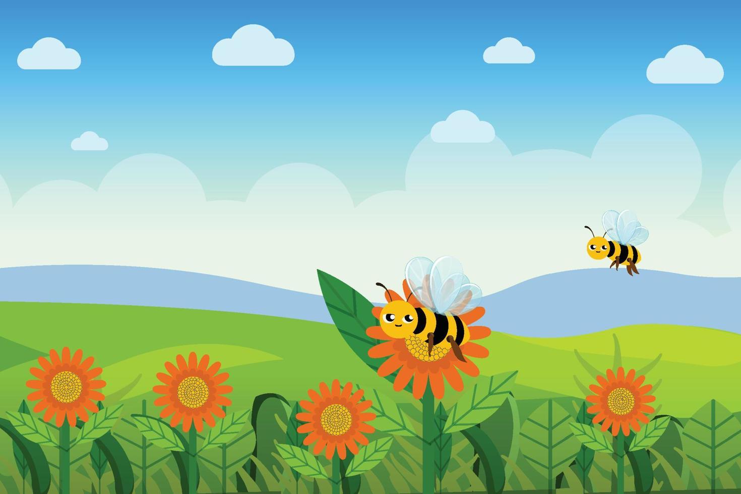 bin flyger över blomsterträdgården och samlar honung från växtvektorkonceptet. söta leende bin flyger och samlar nektar från daisy flowers vektor. grönland med blomsterträdgård och blå himmel. vektor