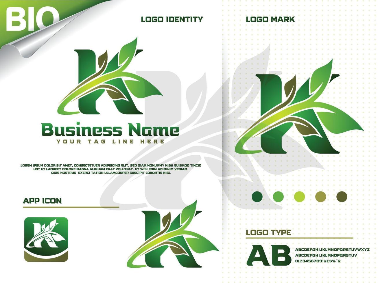 initial bokstaven k med gröna blad logotyp design vektor