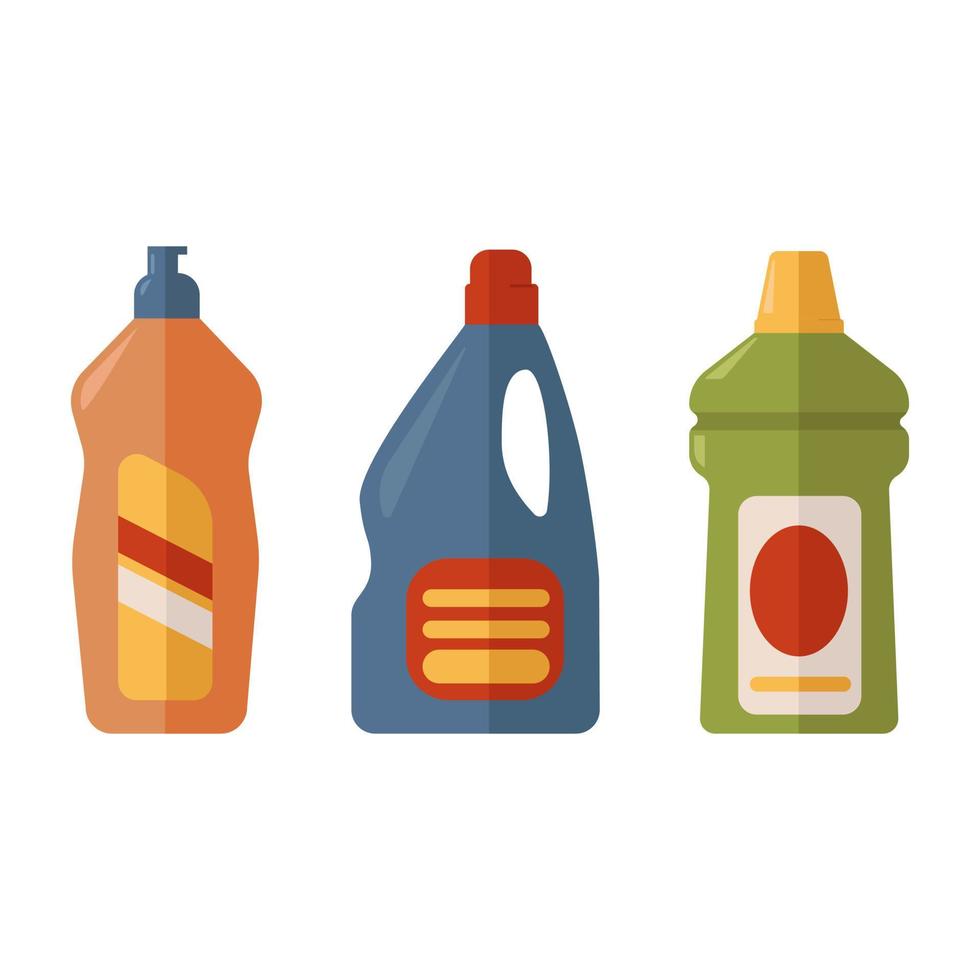 rengöringsprodukter set, färgglada flaskor i olika former. städning av lokaler, hus, rum. hushållskemikalier. vektor