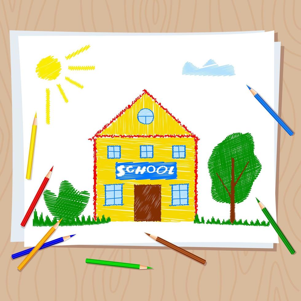 zurück zur Schule. Kinderzeichnung mit Buntstiften auf weißem Papier. Zeichnung auf Holztisch. Schulgebäude, Sonne, Bäume, Gras, Wolken. helle niedliche karikaturzeichnung des kindes vektor