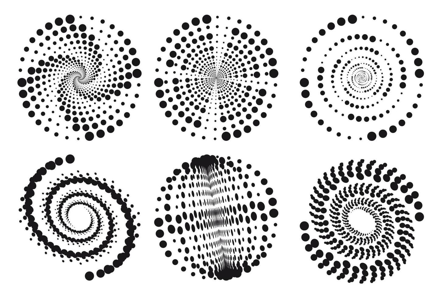 uppsättning spiraler, designelement, prickade abstrakta mönster. spiral virvel, vridpunkter, vortex halvton. vektor mallar av cirkulära radiella rotationslinjer.