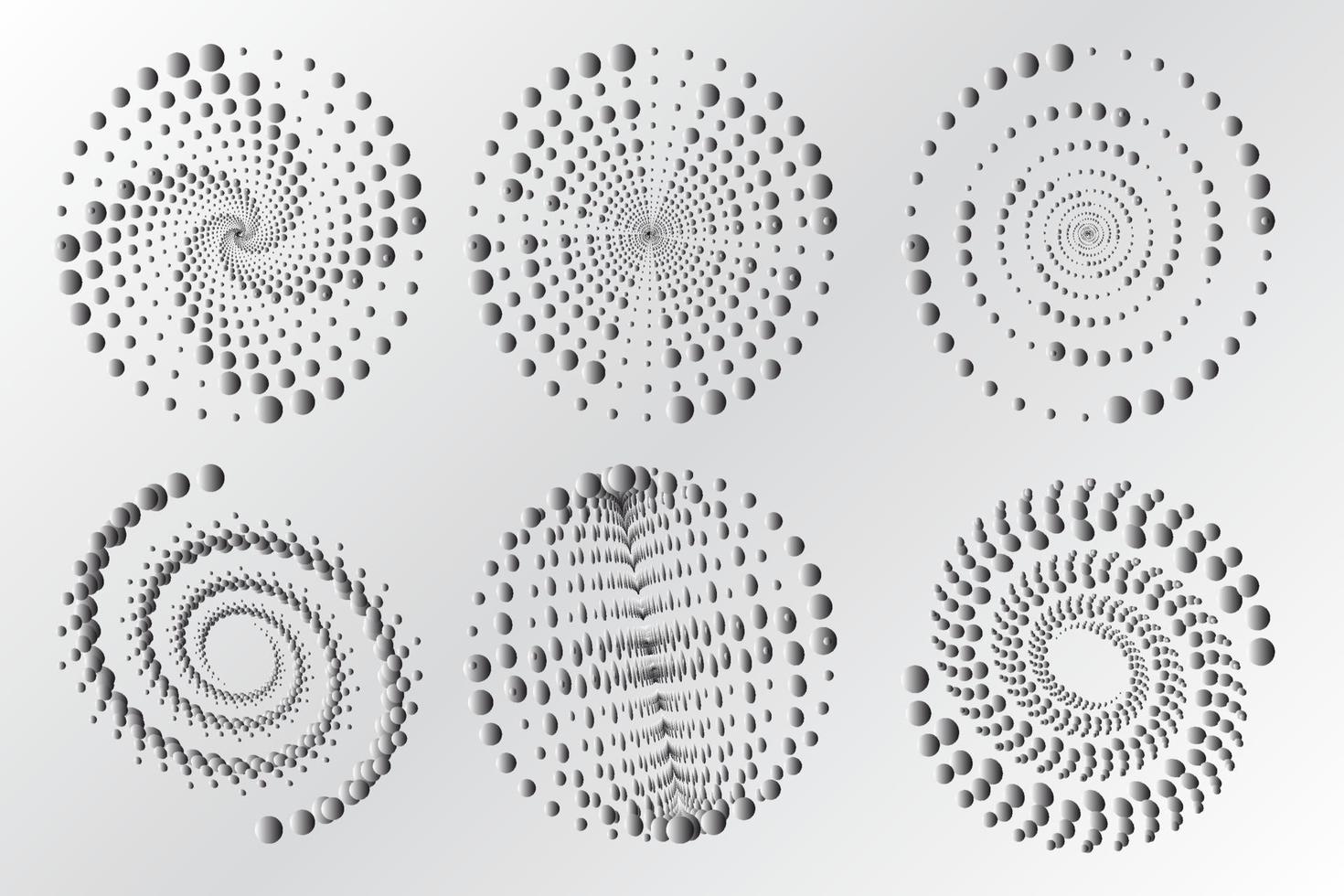 Reihe von Spiralen, Designelementen, gepunkteten abstrakten Mustern. spiralwirbel, verdrehungspunkte, wirbelhalbton. Vektorvorlagen kreisförmiger radialer Rotationslinien. vektor