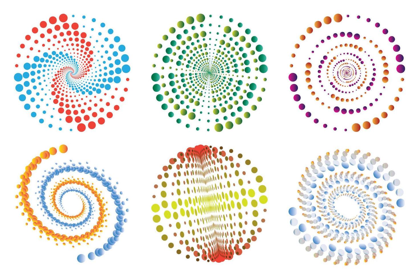 Reihe von Spiralen, Designelementen, gepunkteten abstrakten Mustern. spiralwirbel, verdrehungspunkte, wirbelhalbton. Vektorvorlagen kreisförmiger radialer Rotationslinien. vektor