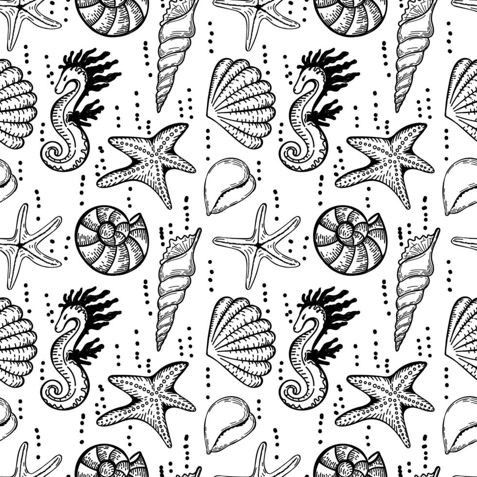 eine nahtlose, handgezeichnete Zeichnung von Meerestieren im Skizzenstil. Muscheln, Seepferdchen und Seesterne. Bläschen. weißer Hintergrund. isoliert. Sommer. Ozean. flaches Design. Vektor-Illustration vektor