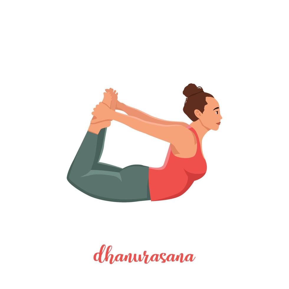 Mädchen, das Yoga-Pose macht, Dhanurasana-Bogen-Pose Asana im Hatha-Yoga, Vektorillustration im trendigen Stil vektor