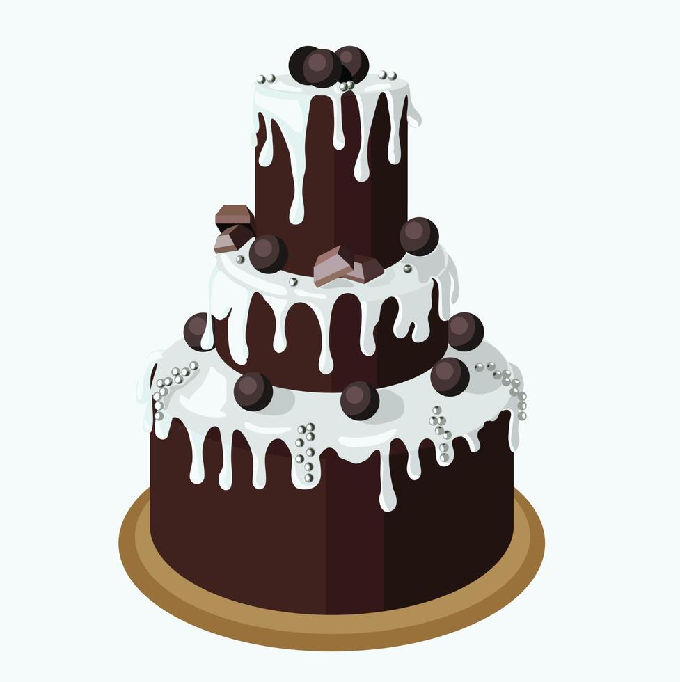 großer dreistöckiger Brownie-Schokoladenkuchen, garniert mit weißer Gonache, Pralinen und silbernen Zuckerkugeln. Vektorgrafik auf Lager isoliert auf weißem Hintergrund. vektor