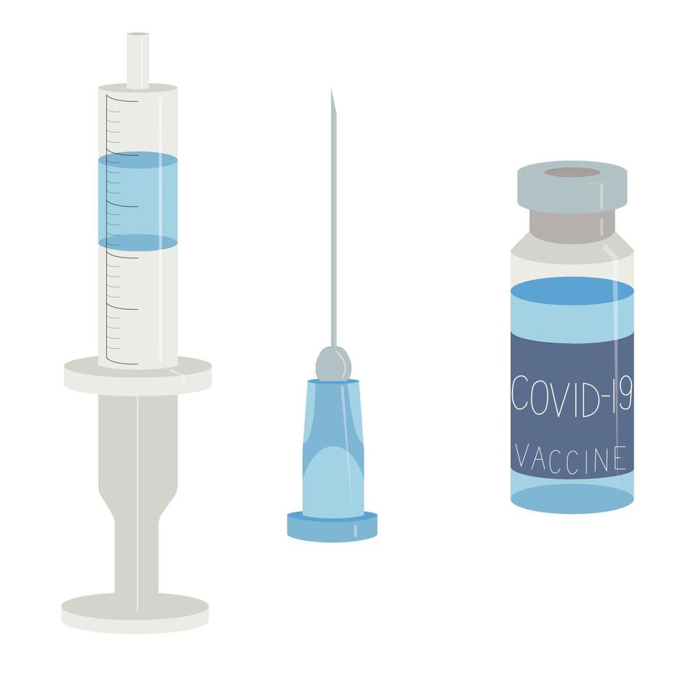 covid-19 coronavirus vaccin i en genomskinlig glasflaska med en gummipropp och en engångsspruta och nål av plast. vektor stock illustration isolerad på vit bakgrund.