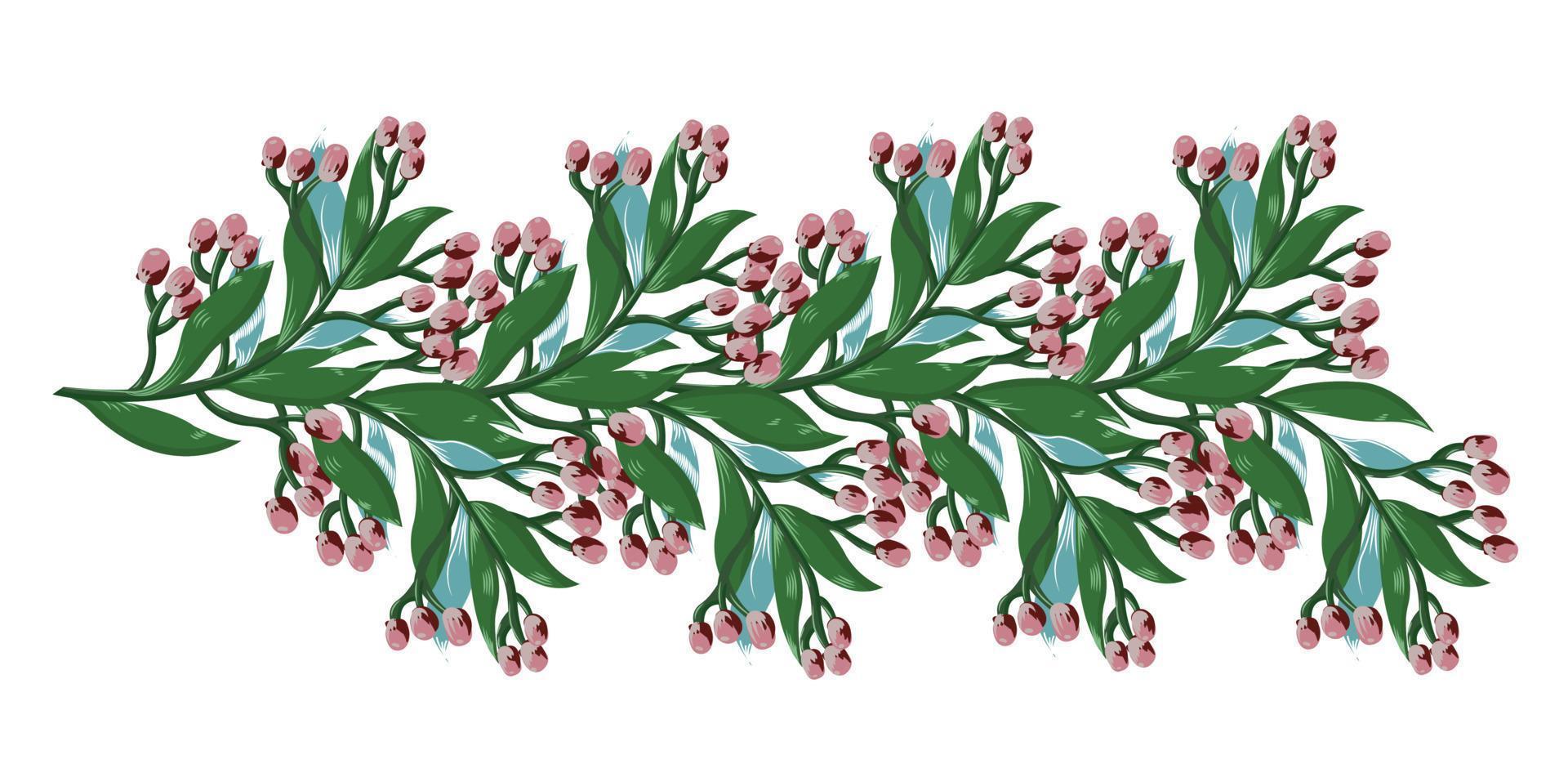 zweig mit rosa blumen, grünen und blauen blättern für den urlaub, hochzeit, geburtstag. horizontales Element für Design. Vektorgrafik auf Lager isoliert auf weißem Hintergrund. vektor