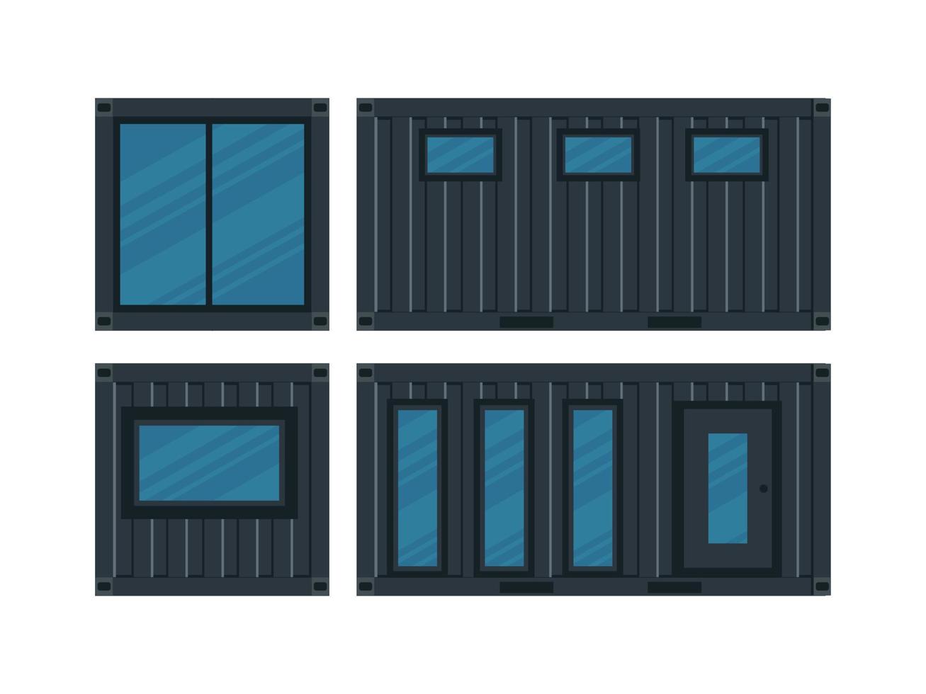 hus, café av svart lastcontainer. envåningsbyggnad med en veranda ur container för fartyg isolerad på en vit bakgrund. vektor illustration.