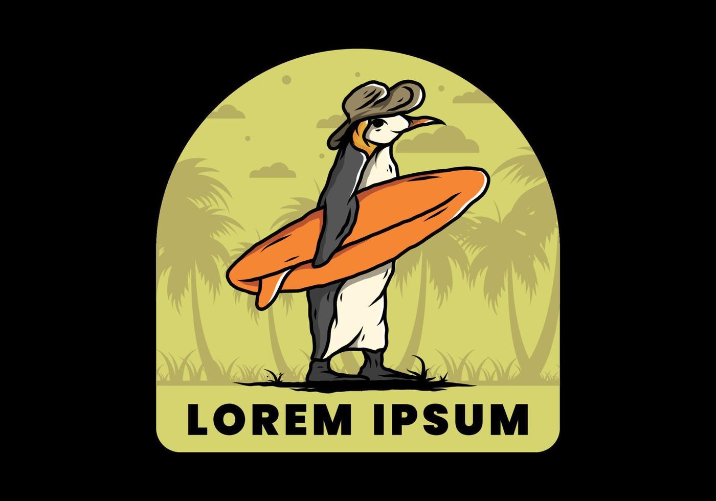 niedlicher pinguin, der ein surfbrett auf der strandillustration trägt vektor