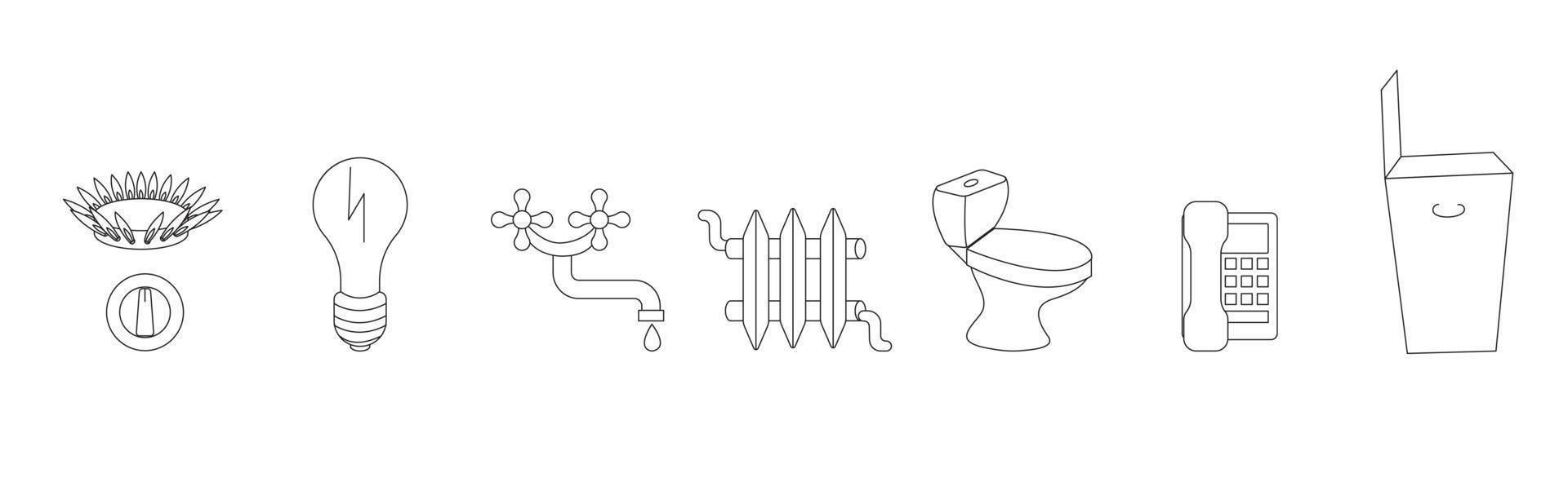 uppsättning ikoner i doodle stil gas, elektricitet, vatten, värme, finslipa kommunikation avlopp, telepn, förutom sophämtning. vektor