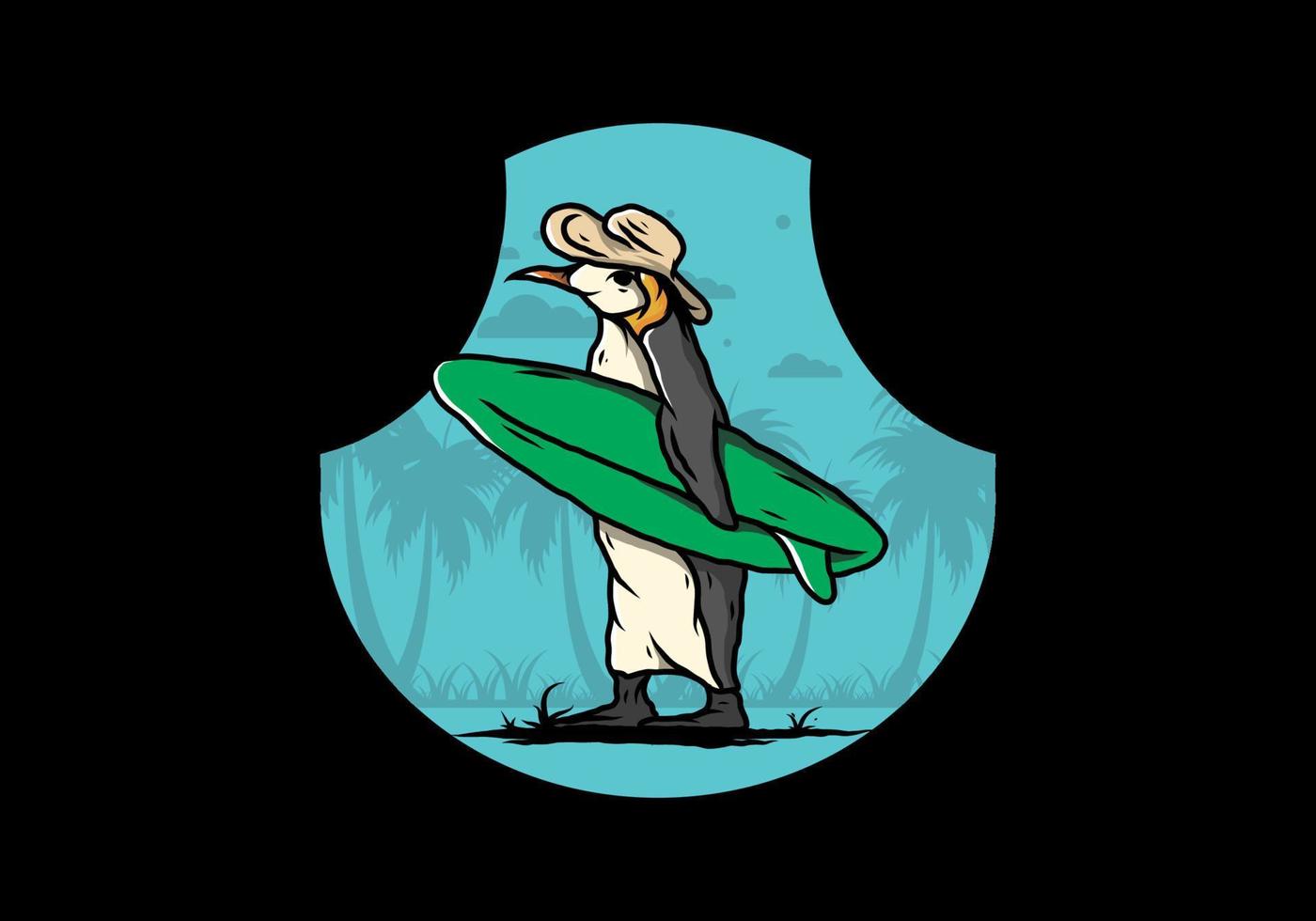 niedlicher pinguin, der ein surfbrett auf der strandillustration trägt vektor