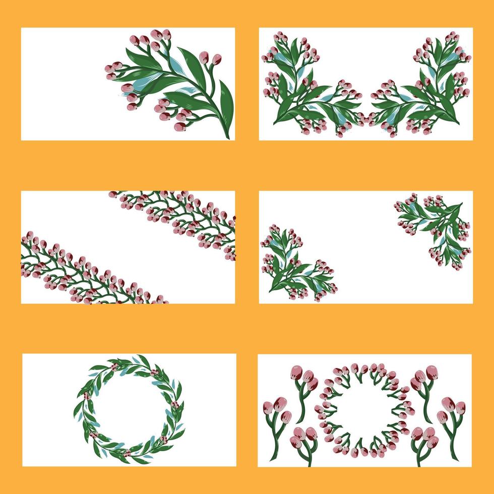 kvist med rosa blommor, gröna och blåa blad. uppsättning sommar present gratulationskort för semester, bröllop, födelsedag. vektor stock illustration isolerad på orange bakgrund.