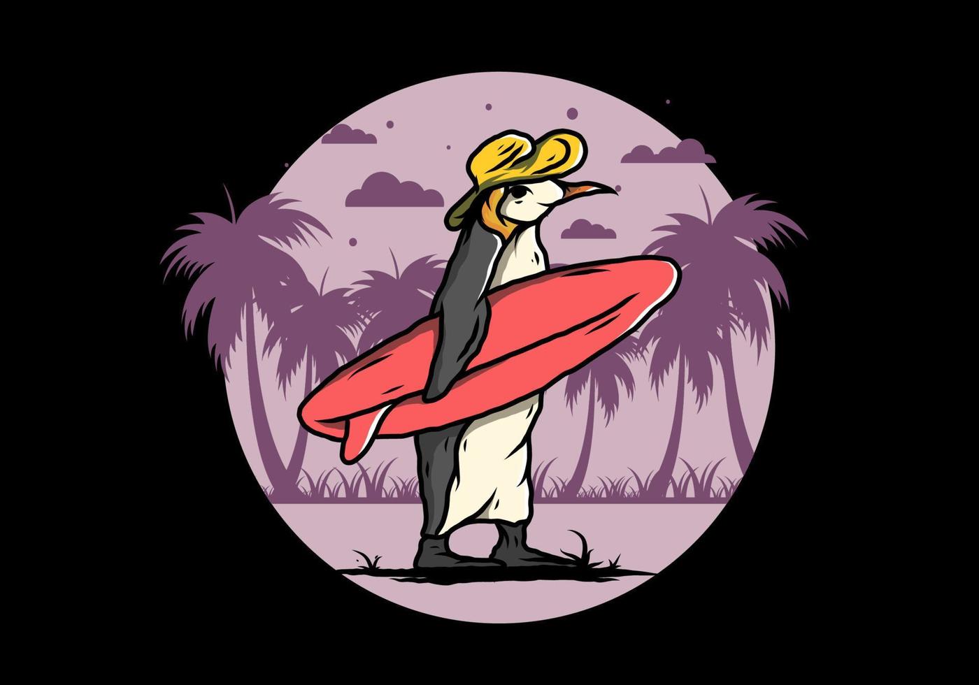 niedlicher pinguin, der ein surfbrett auf der strandillustration trägt vektor