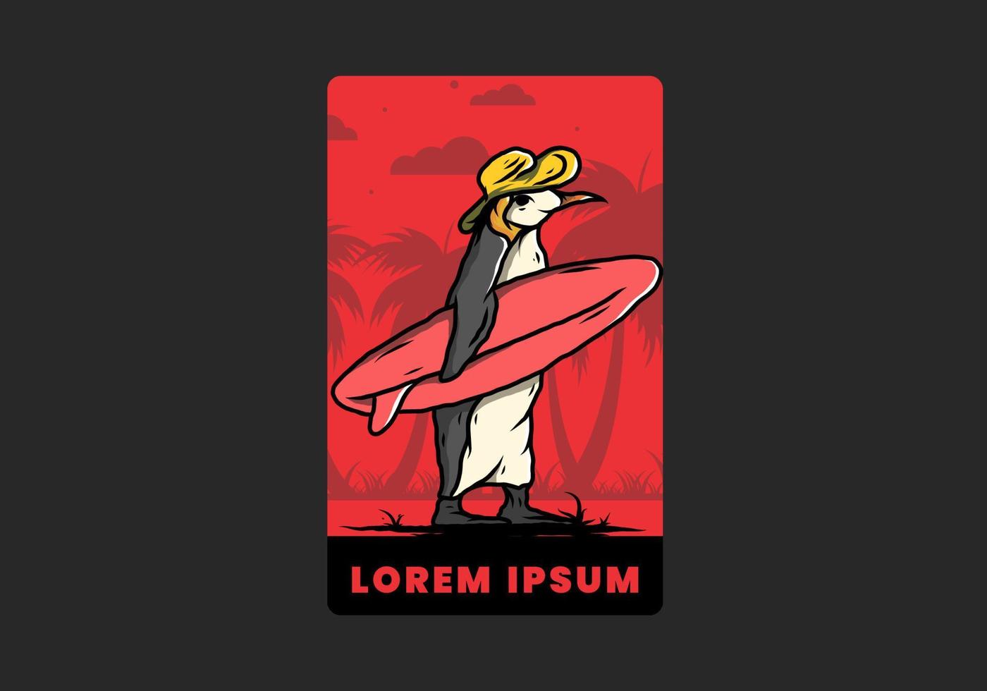 niedlicher pinguin, der ein surfbrett auf der strandillustration trägt vektor