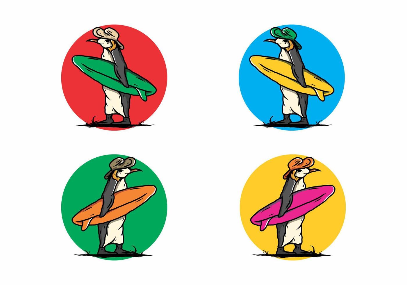 niedlicher pinguin, der ein surfbrett auf der strandillustration trägt vektor