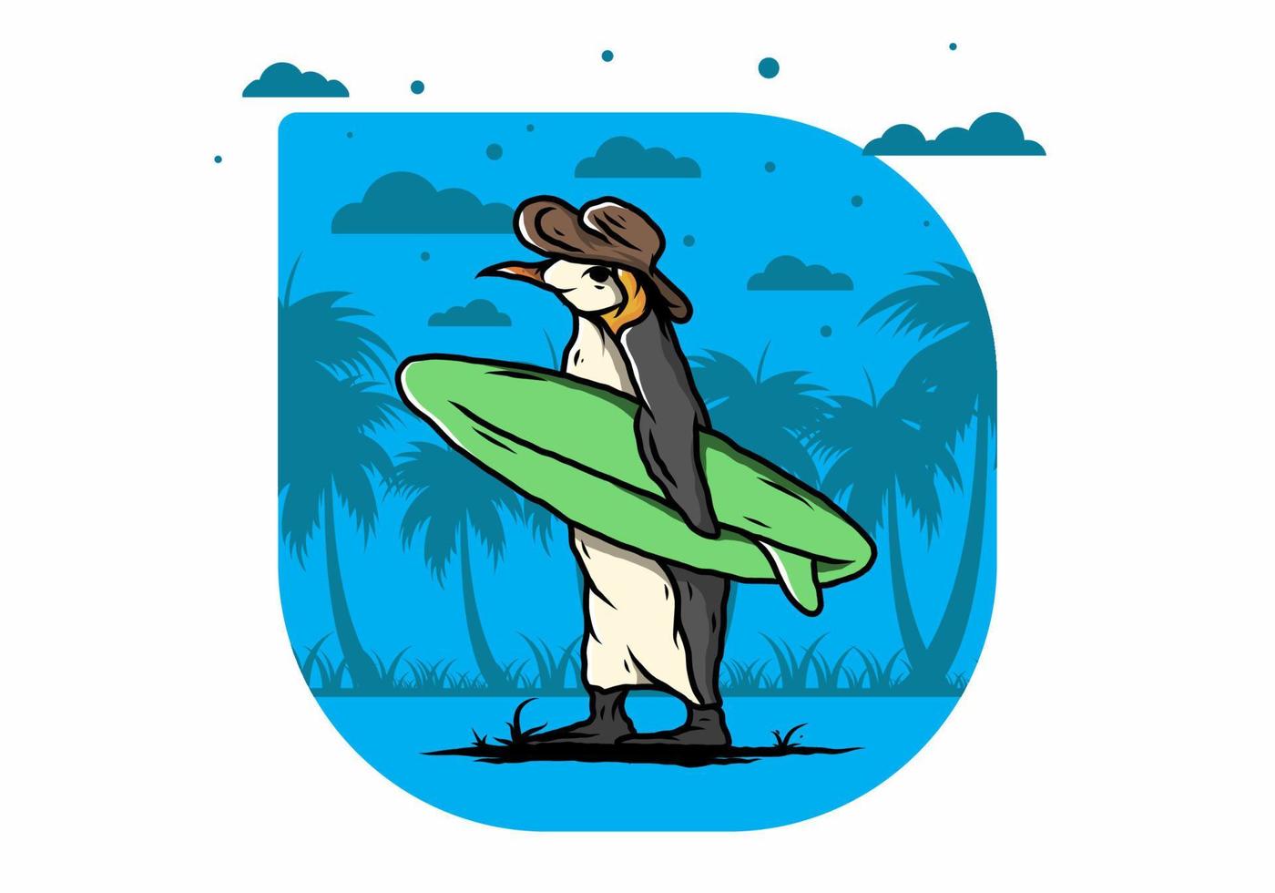 niedlicher pinguin, der ein surfbrett auf der strandillustration trägt vektor