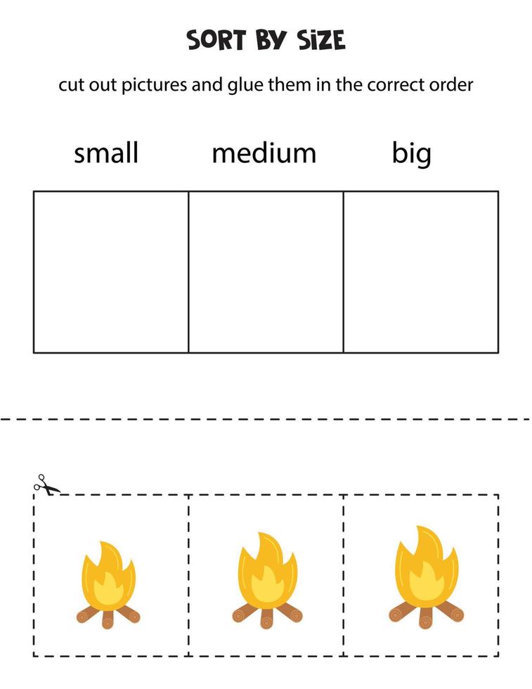 sortera lägereldar efter storlek. pedagogiskt arbetsblad för barn. vektor