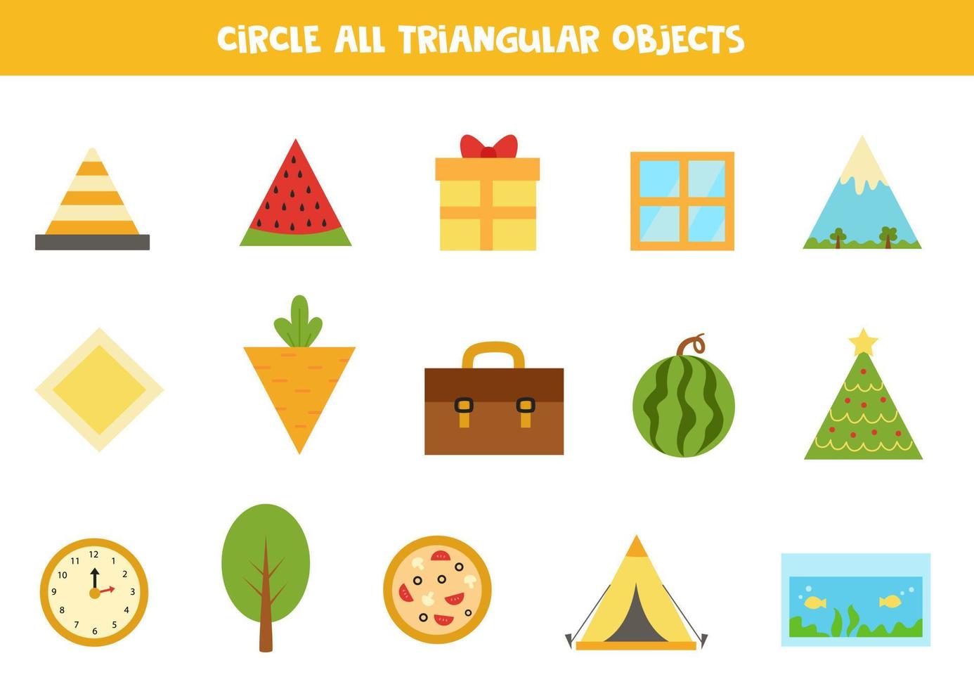 hitta alla triangulära föremål. pedagogiskt arbetsblad för barn. vektor