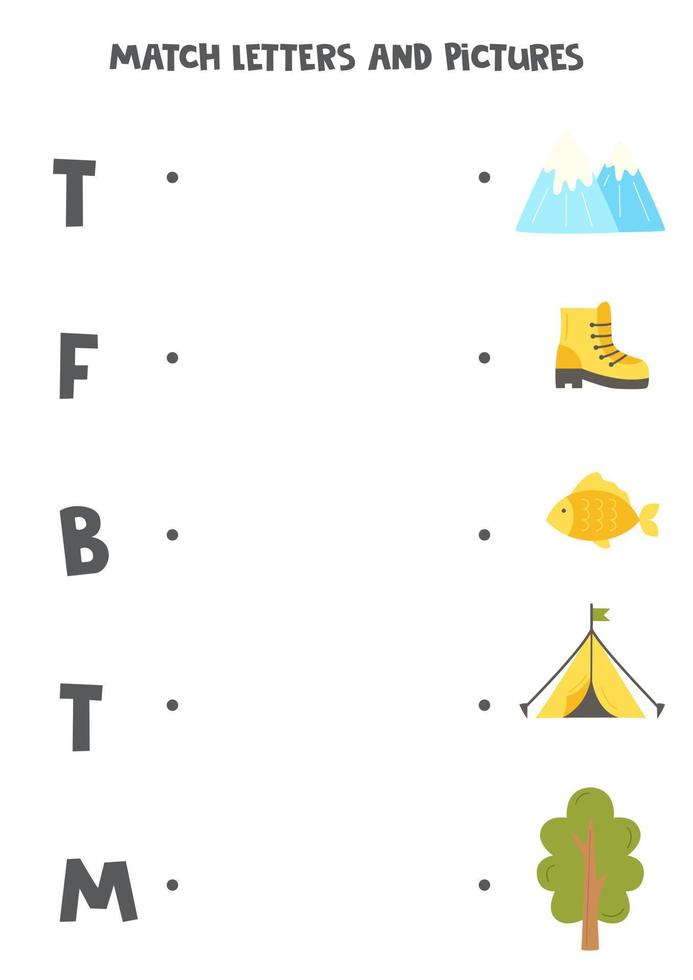 matcha campingföremål och bokstäver. pedagogiskt logiskt spel för barn. ordförråd arbetsblad. vektor