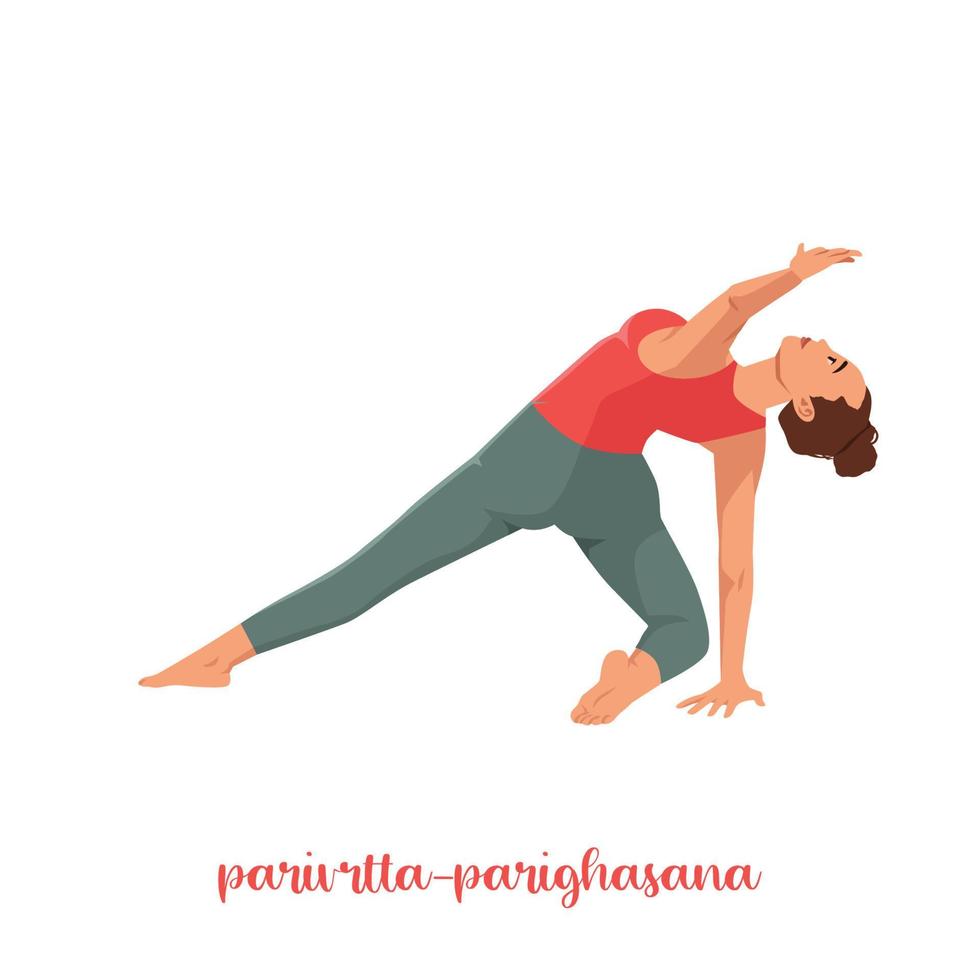Frau, die parivrtta parighasana oder sich drehende Balken-Yoga-Pose macht. flache vektorillustration lokalisiert auf weißem hintergrund vektor