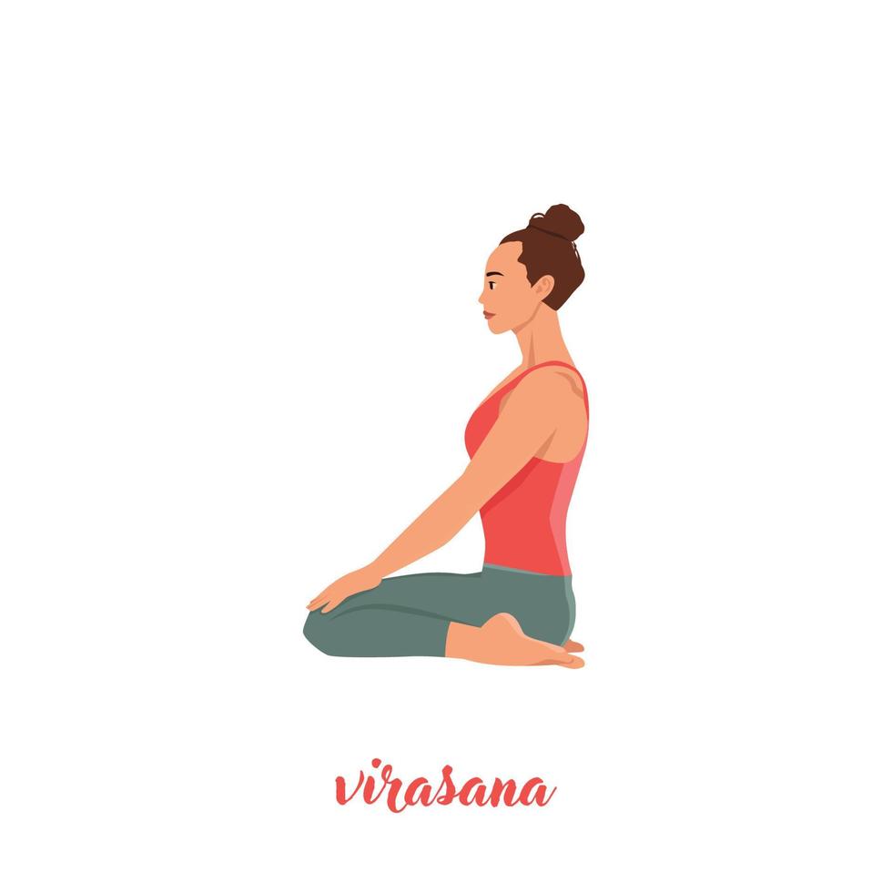 frau, die yoga für yoga-tagesfeier tut. Held oder Virasana. flache vektorillustration lokalisiert auf weißem hintergrund vektor