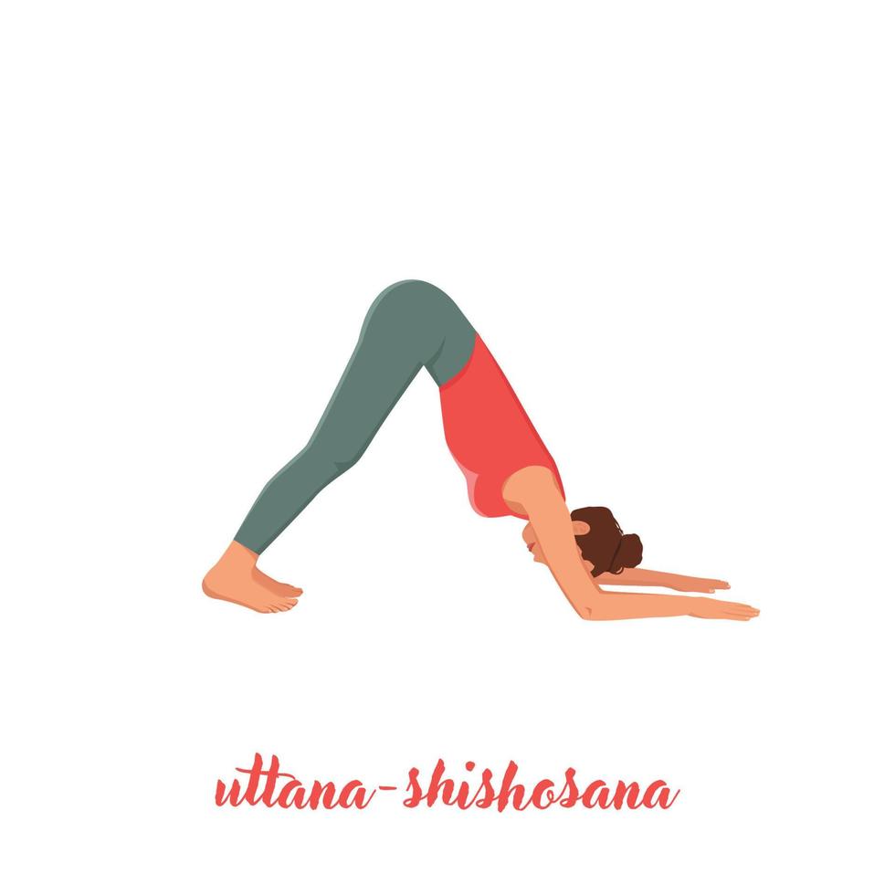 kvinna gör utökad valp pose uttana shishosana pose, yoga kvinna. platt vektorillustration isolerad på vit bakgrund vektor