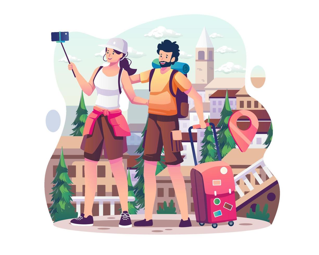 Ein Touristenpaar, das zusammen Selfie-Fotos am Telefon macht. mann und frau, die in den sommerferien oder urlaubsreisen besichtigungen machen. vektorillustration im flachen stil vektor