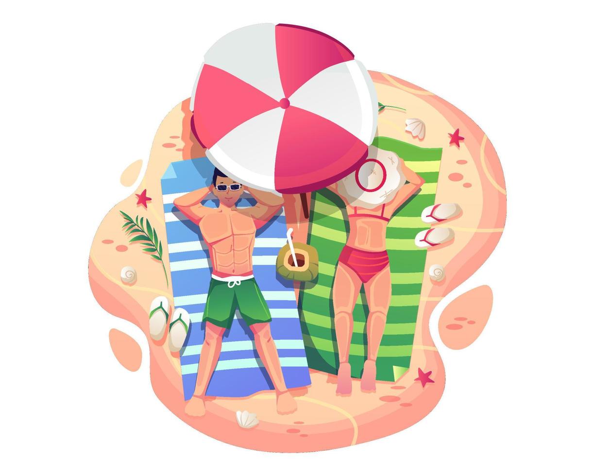 man och kvinna som solar i solen under ett paraply på stranden. par i baddräkter på stranden ovanifrån. platt stil vektorillustration vektor