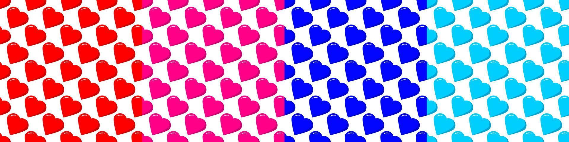 Reihe von nahtlosen Mustern aus gestaffelten Herzen rot, rosa, blau auf weißem Hintergrund. vektor