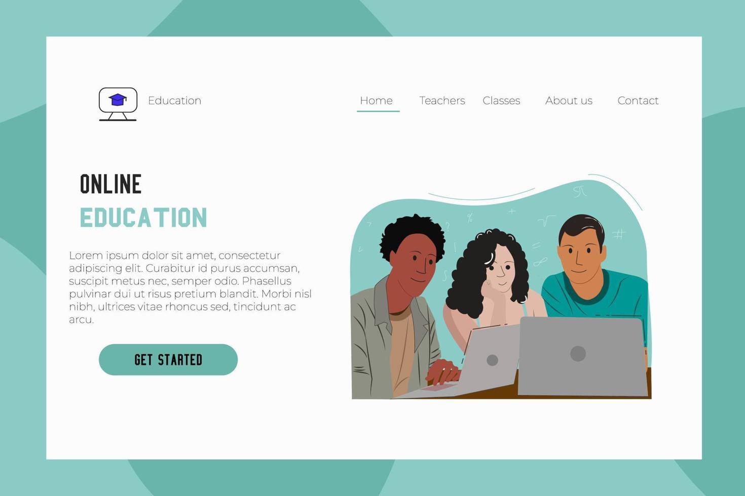 erster Landing-Page-Bildschirm für Online-Universität mit Illustration einer Gruppe von Studenten verschiedener Rassen vektor