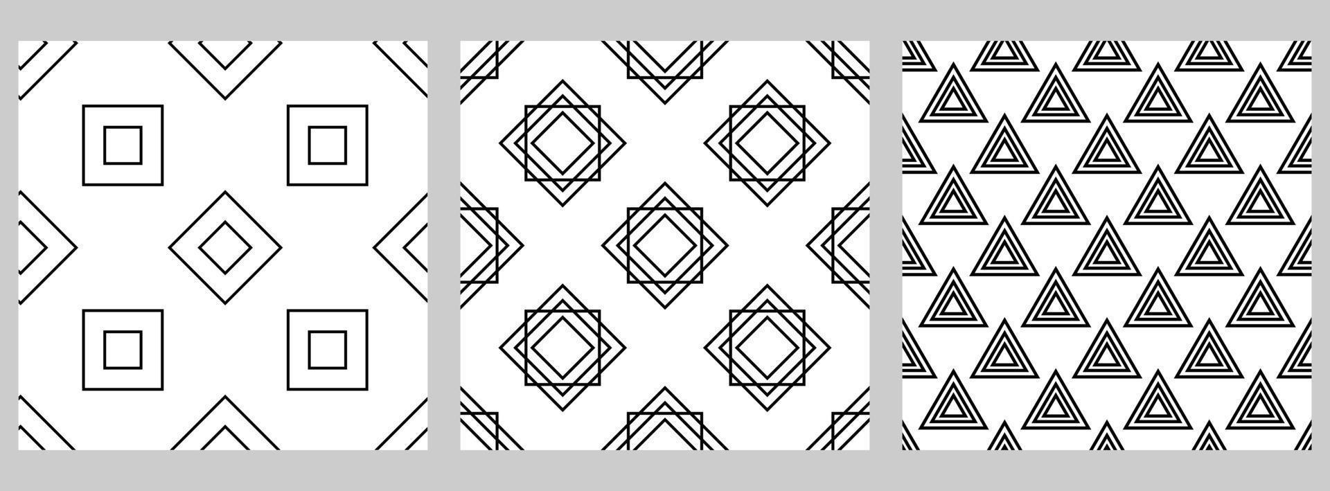 uppsättning av geometriska sömlösa mönster med förskjutna figurer. svarta former på vit bakgrund. kvadrat, romb, triangel. vektor
