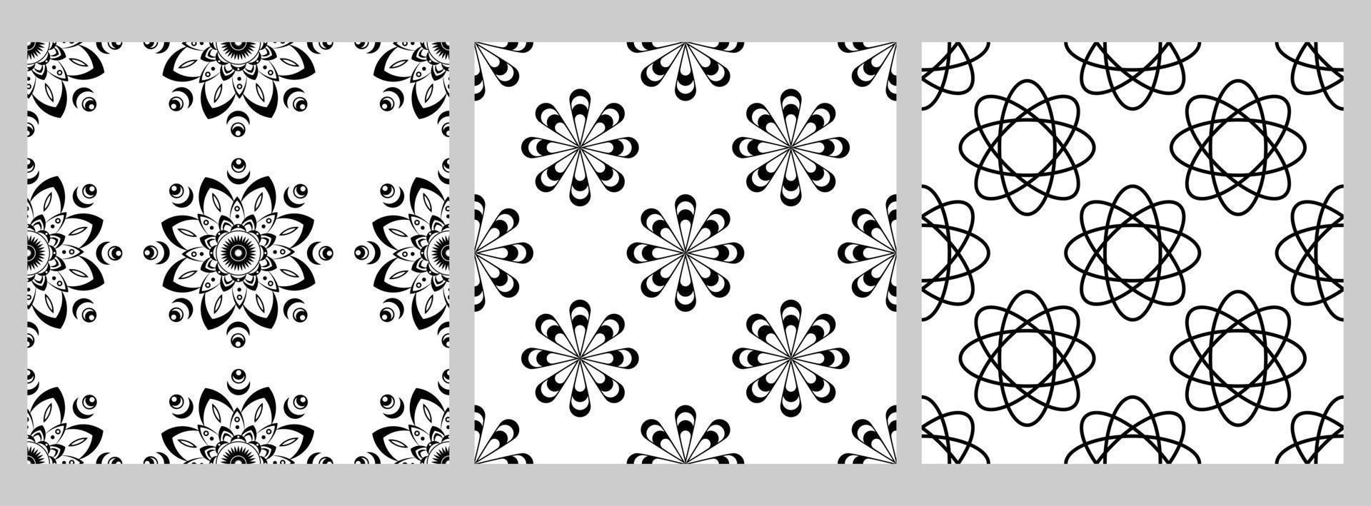satz geometrisches nahtloses muster mit gestaffelten figuren. schwarze Formen auf weißem Hintergrund. Mandalas, Blumen vektor