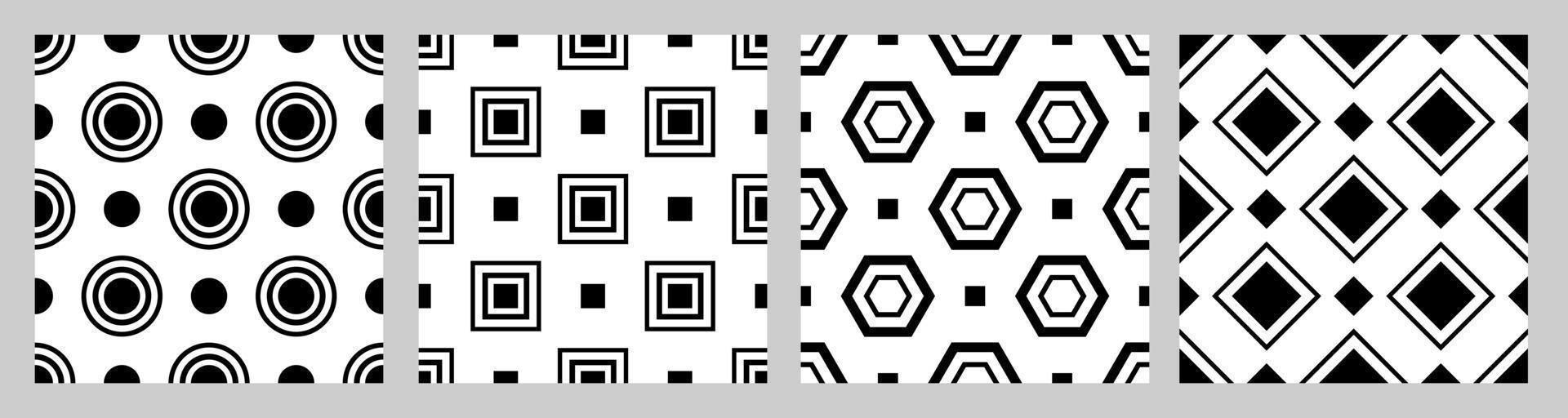 satz geometrisches nahtloses muster mit gestaffelten figuren. schwarze Formen auf weißem Hintergrund. Quadrat, Kreis, Fünfeck, Raute vektor