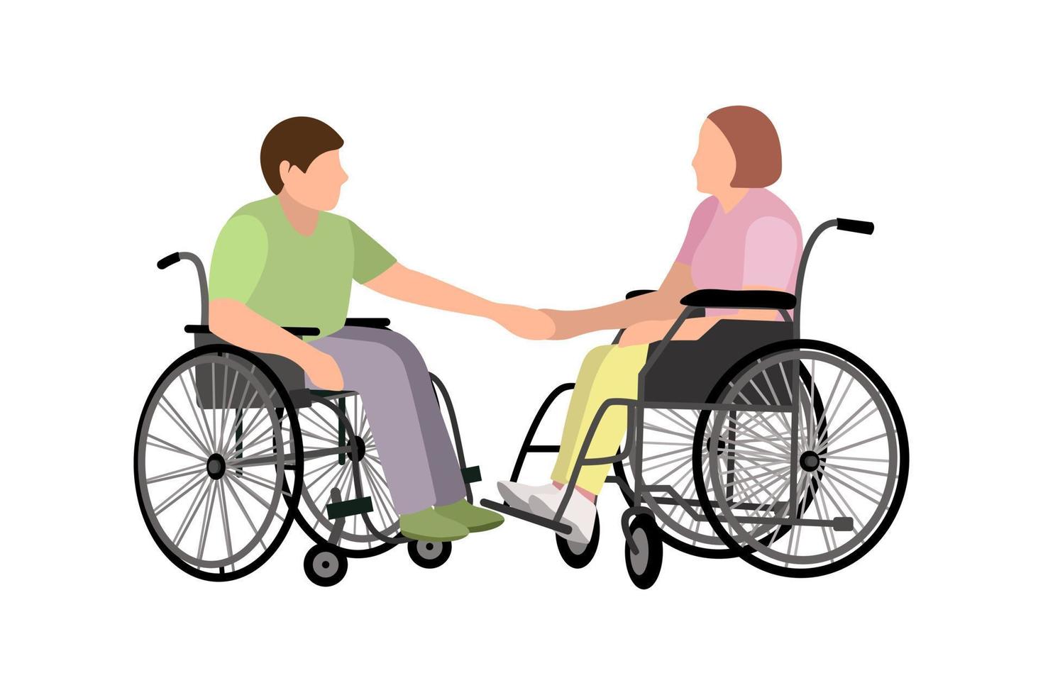 Ein Mann und eine Frau mit Behinderungen im Rollstuhl halten Händchen. Sozialisation, aktives Leben von Menschen mit Behinderungen. verletzter Mensch vektor
