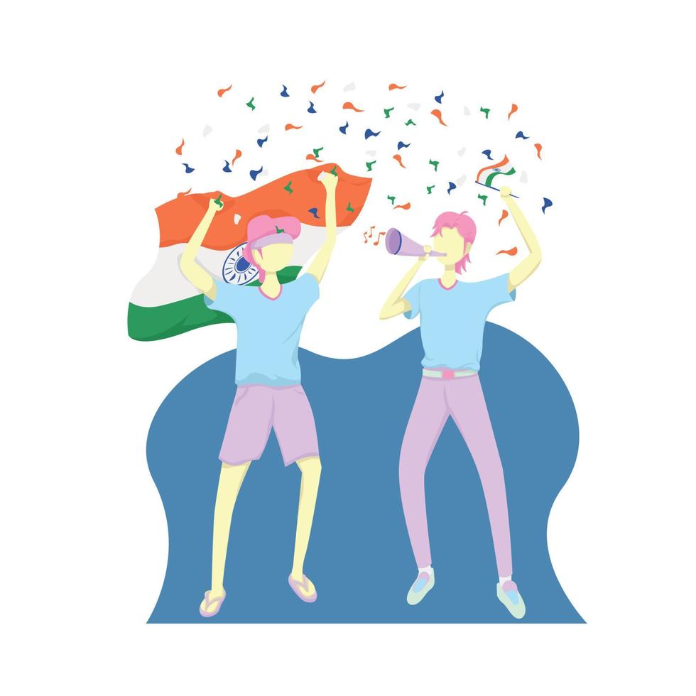Die Illustration von zwei Männern, die Flaggen halten, um Indiens Unabhängigkeitstag zu feiern, eignet sich für ein Design-Asset zum indischen Unabhängigkeitstag wie Banner, Websites, Social-Media-Beiträge usw. vektor