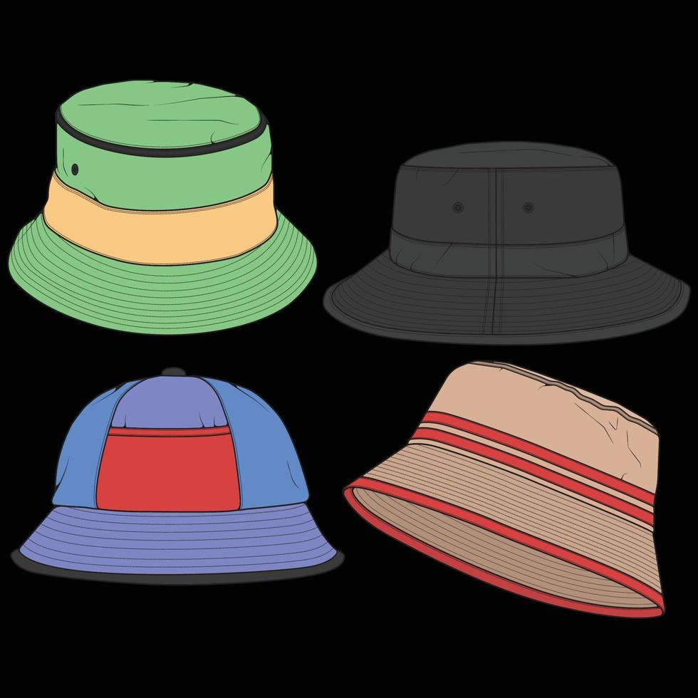 Bundle Set Bucket Hat Umriss Farbblockvektor, Set Bucket Hat in einem Vollfarbstil, Trainer-Vorlagenumriss, Vektorillustration. vektor