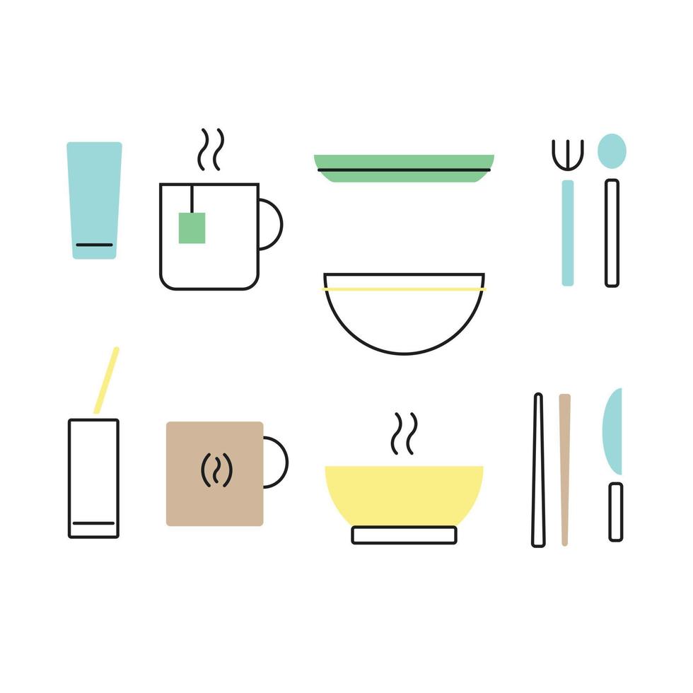 geschirr- und besteckikonen eingestellt. Gläser, eine Tasse Tee, eine Tasse Kaffee, ein Teller, eine Schüssel, ein Löffel, eine Gabel, ein Messer, Essstäbchen. Vektor-Illustration. vektor