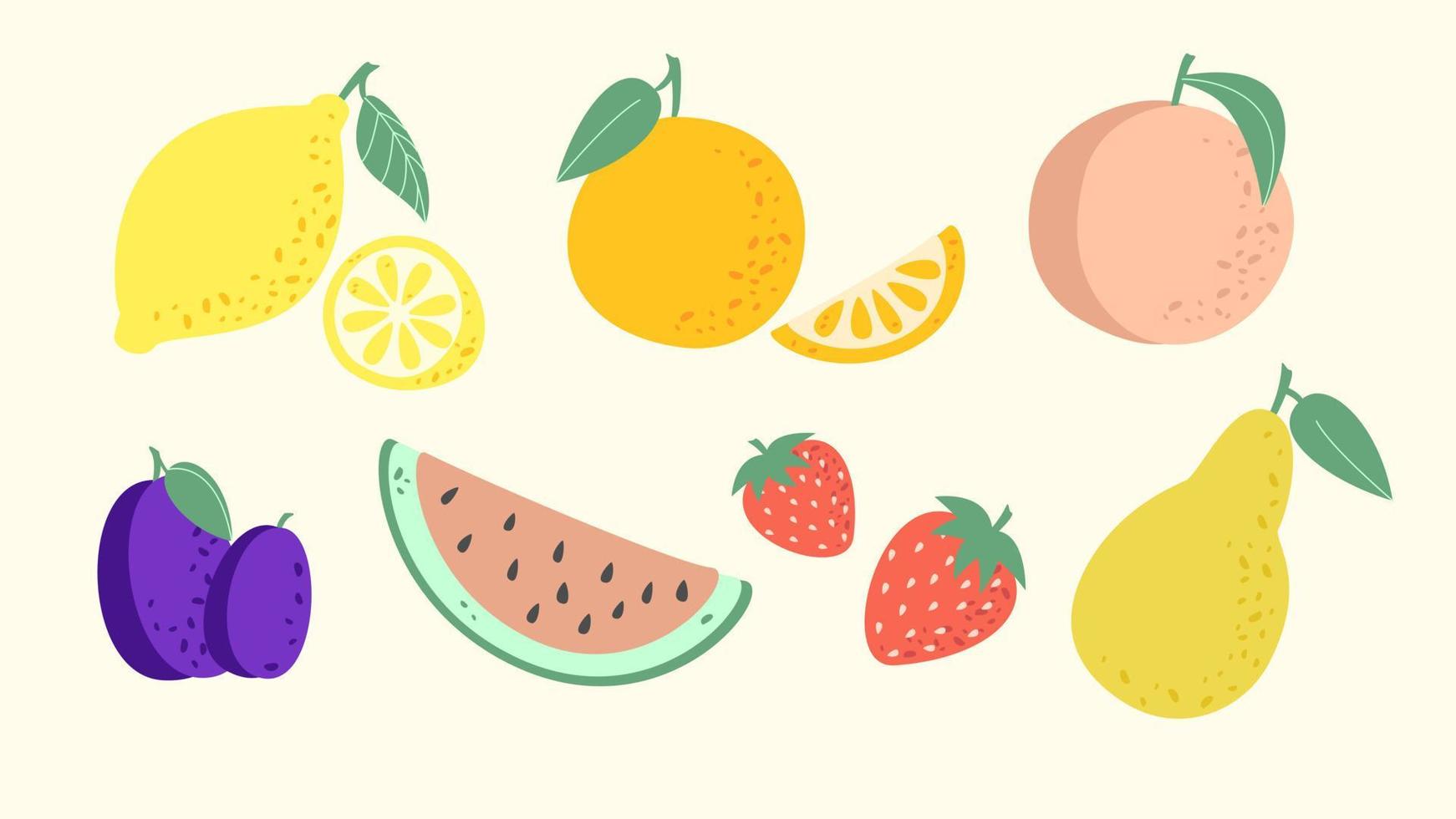 frukt samling i platt handritad stil, citron, apelsin, persika, jordgubbe, vattenmelon, plommon, päron illustrationer set. vektorgrafik vektor